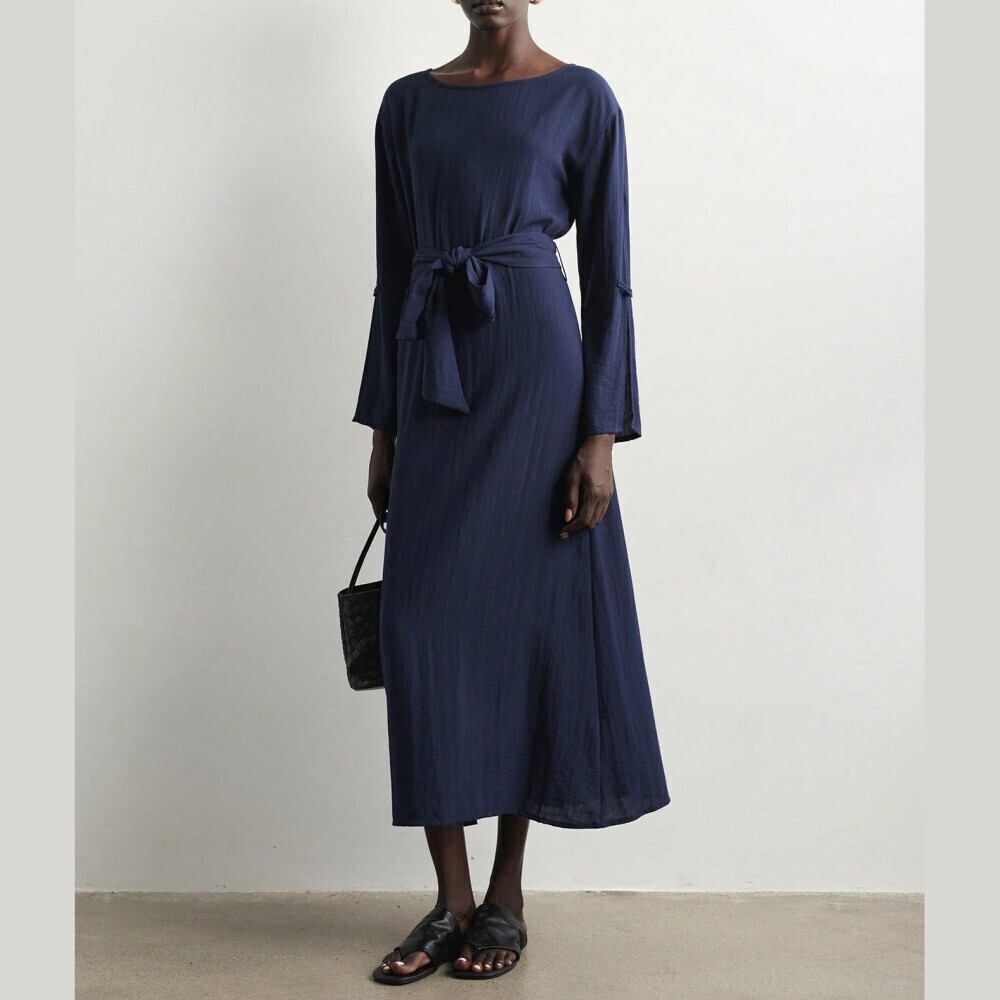 Navy Textured Crinkled Effect Boat Neck Bell Sleeve Tie Waist Maxi Dress